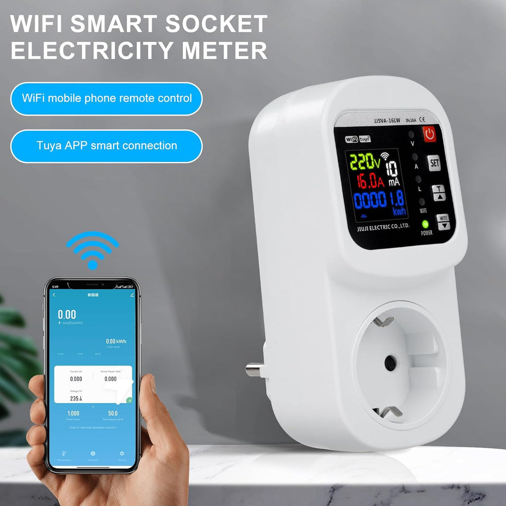 Enchufe Inteligente WiFi 16A con Monitor de Consumo Eléctrico – Medidor de Energía en Tiempo Real y Protección contra Sobretensiones – Control por App