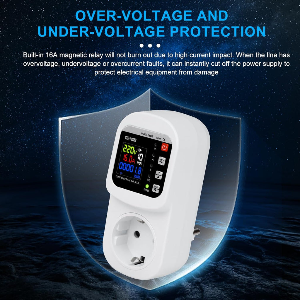 Enchufe Inteligente WiFi 16A con Monitor de Consumo Eléctrico – Medidor de Energía en Tiempo Real y Protección contra Sobretensiones – Control por App