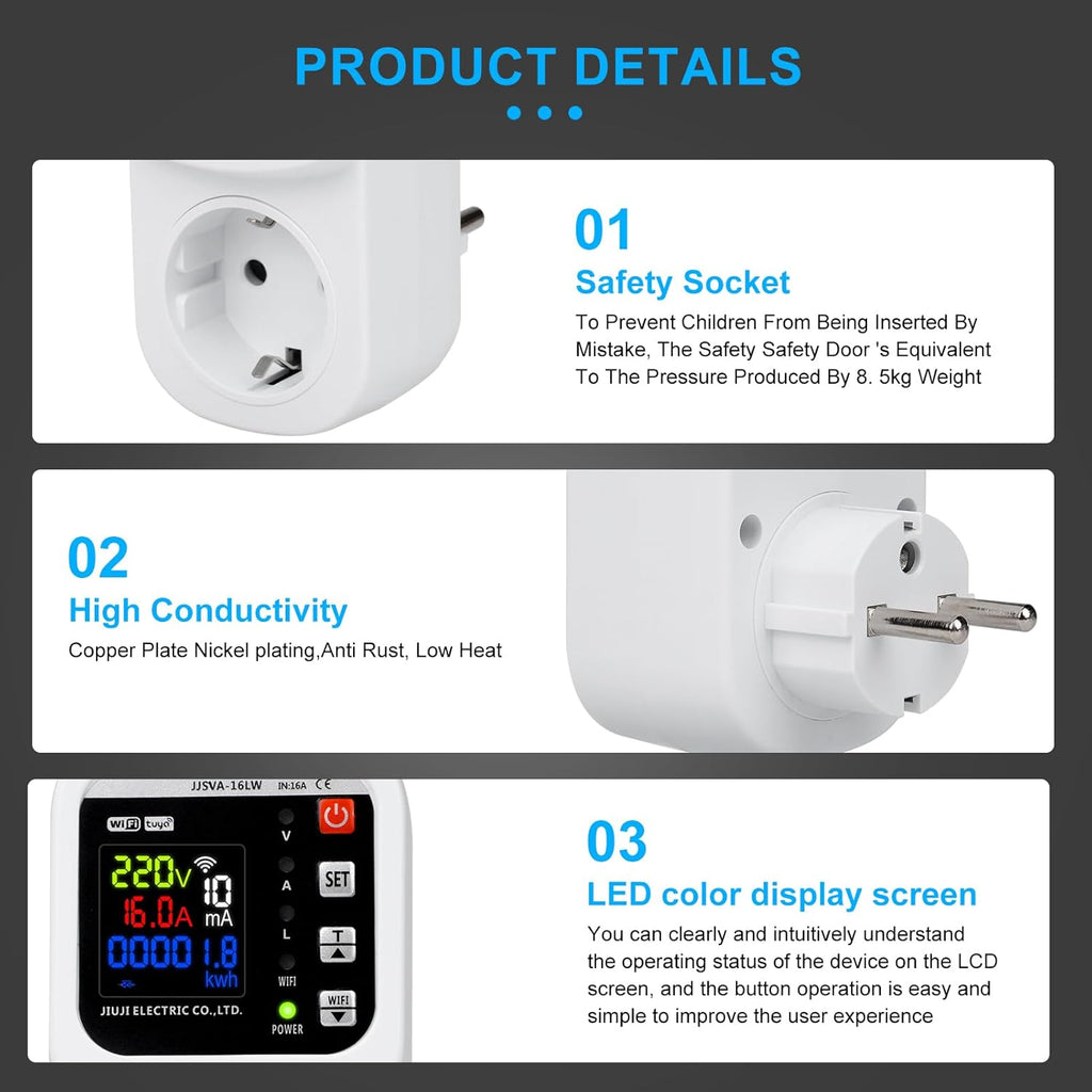 Enchufe Inteligente WiFi 16A con Monitor de Consumo Eléctrico – Medidor de Energía en Tiempo Real y Protección contra Sobretensiones – Control por App