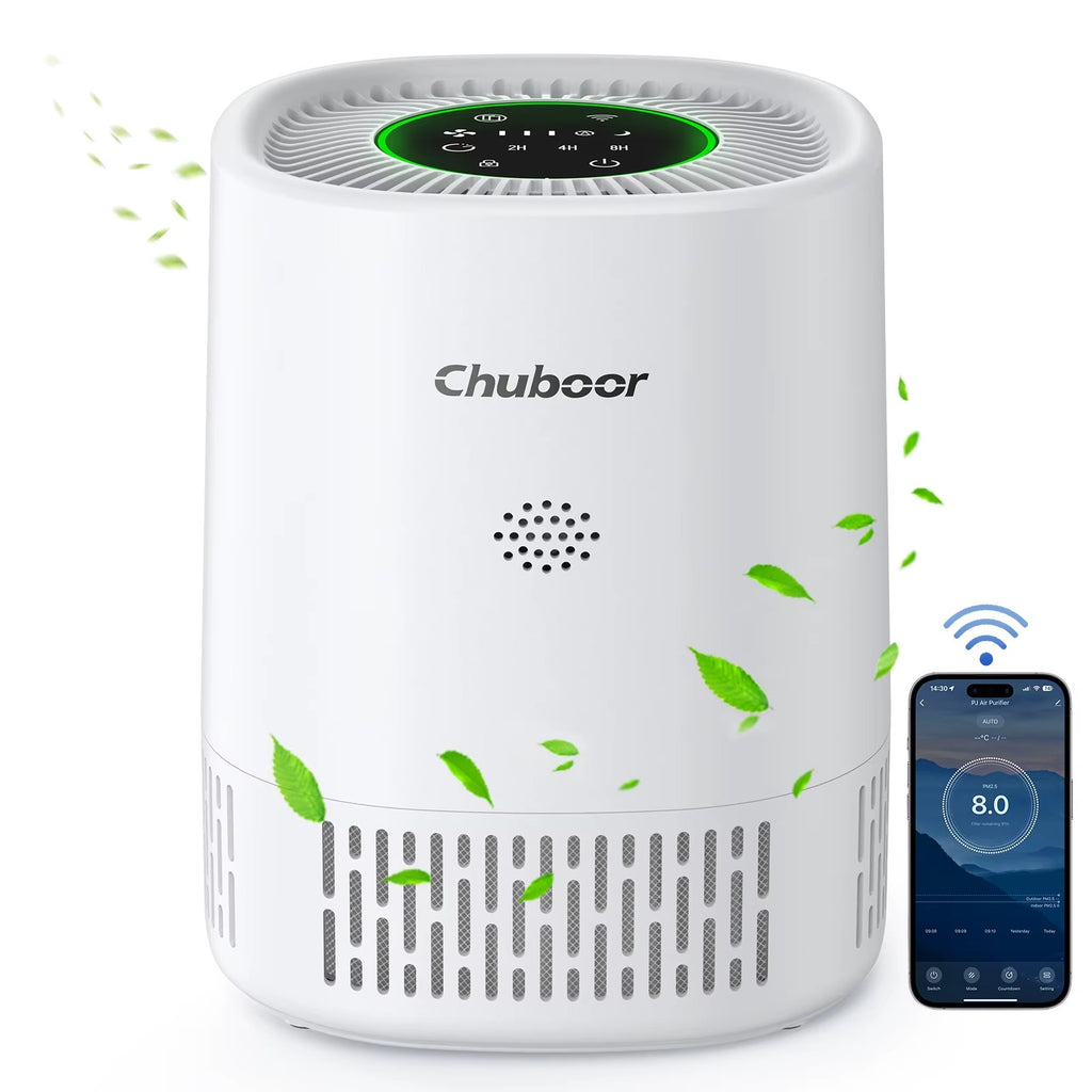 Purificador de Aire Chuboor PJ07 WiFi – Filtro HEPA H13 contra Olores y Pelo de Mascotas – Captura Polvo, Ceniza y Partículas Finas – Blanco