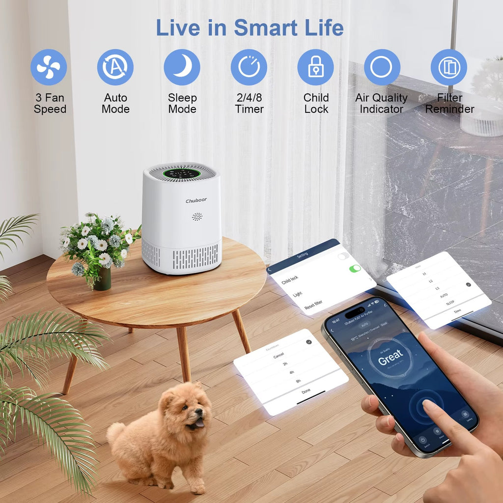 Purificador de Aire Chuboor PJ07 WiFi – Filtro HEPA H13 contra Olores y Pelo de Mascotas – Captura Polvo, Ceniza y Partículas Finas – Blanco