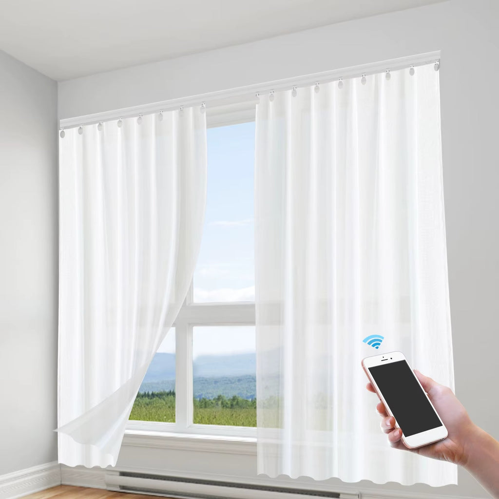 Sistema de Riel Motorizado Inteligente para Cortinas – Kit Telescópico Ajustable (2.16m a 4.2m), Control por App WiFi, Voz y Mando a Distancia