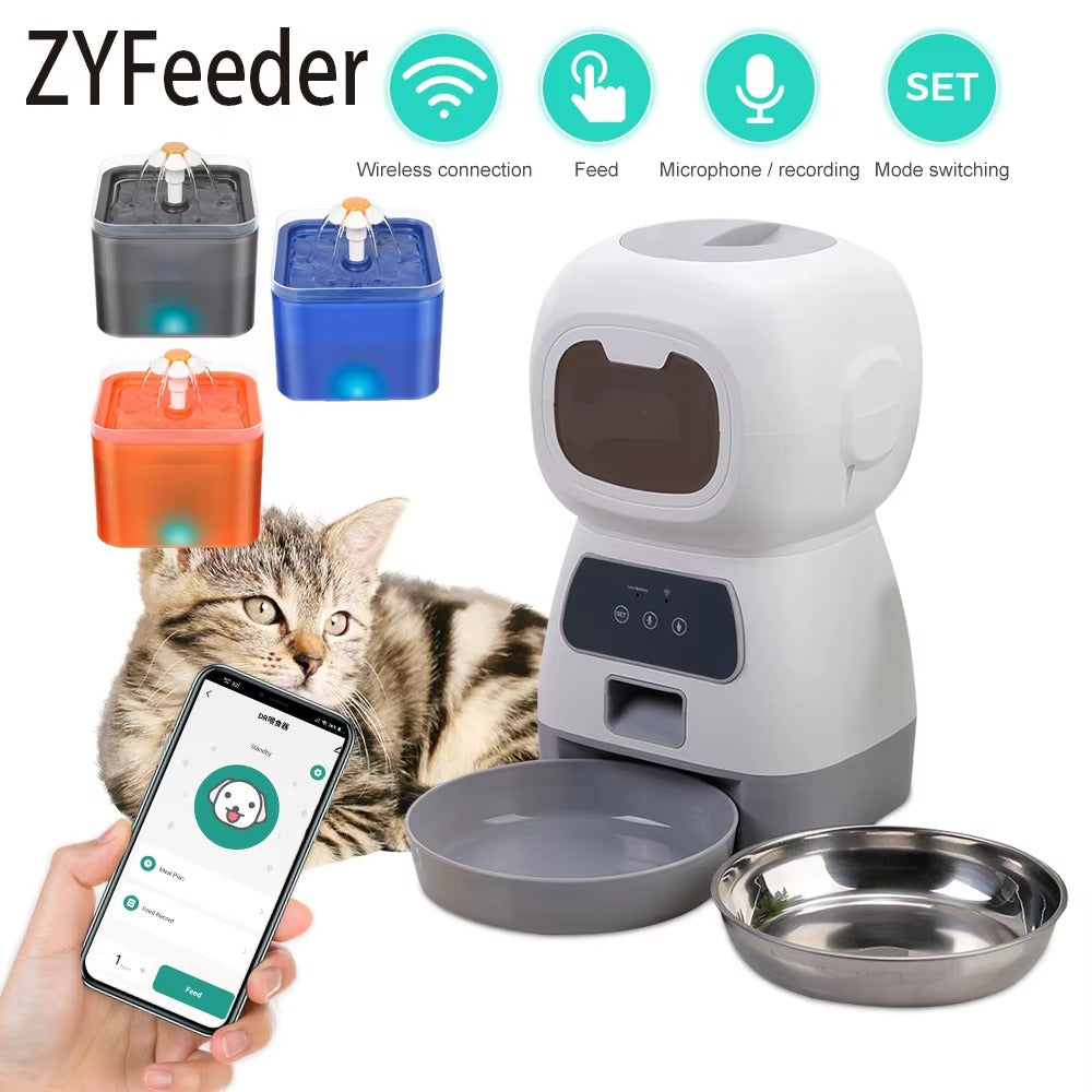 Dispensador de Comida WiFi 3.5L + Fuente de Agua 2L para Mascotas – Comedero Inteligente Programable con App y Tazón de Acero Inoxidable